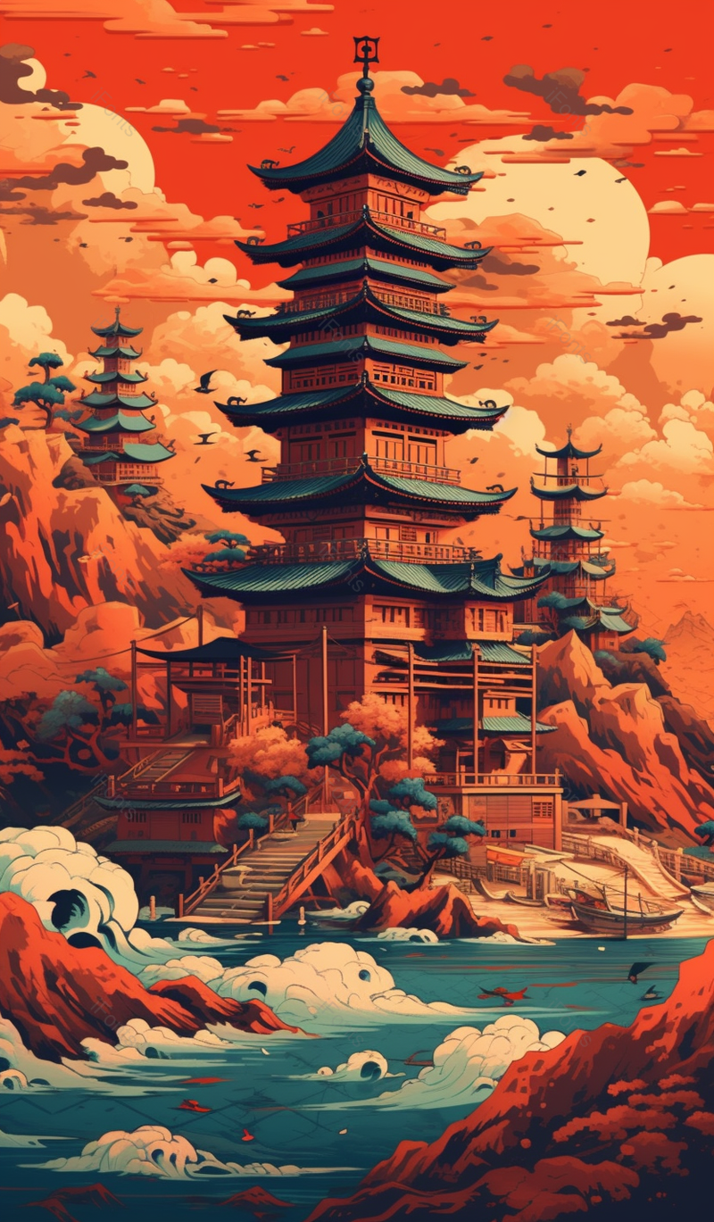 中国风格山水古风建筑渔船海浪冲击插画竖版,插画/手绘图,插画/手绘图库,插画/手绘图下载,插画/手绘